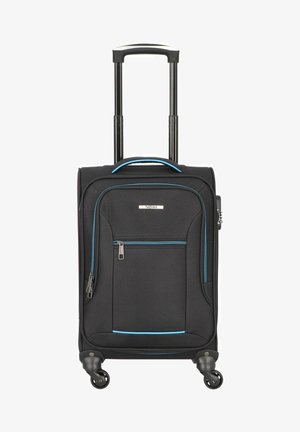 Valise noire avec des accents bleus, poignée télescopique, double roues et poche avant zippée. Fabriquée en tissu durable, avec une texture lisse.