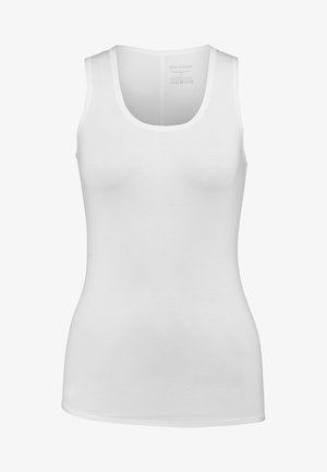 Camiseta blanca sin mangas de suave tejido de jersey, con un escote redondeado y una silueta ajustada. Textura lisa sin patrones ni adornos.
