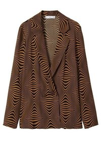 Brązowa i czarna marynarka w paski zebry z długimi rękawami, klapami w kształcie notcha oraz podwójnym zapięciem z przodu.