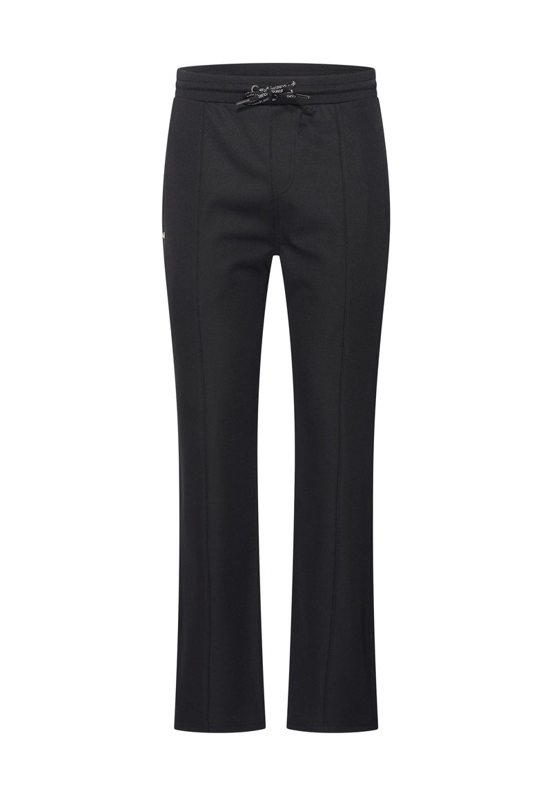 Black pants with a drawstring waistband, tapered fit, and subtle textural detailing. Features two side pockets and clean, straight legs.