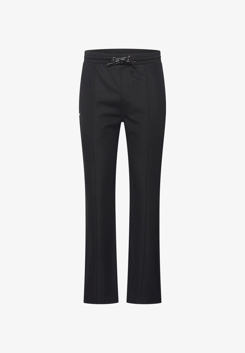 Black pants with a drawstring waistband, tapered fit, and subtle textural detailing. Features two side pockets and clean, straight legs.