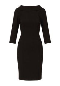 Czarna dopasowana sukienka z rękawami do łokcia, szerokim kołnierzem i gładką fakturą. Klasyczny fason, dopasowana sylwetka podkreślająca talię.