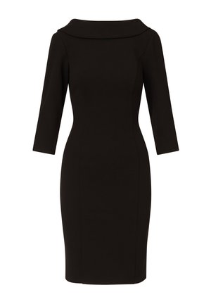 Czarna dopasowana sukienka z rękawami do łokcia, szerokim kołnierzem i gładką fakturą. Klasyczny fason, dopasowana sylwetka podkreślająca talię.