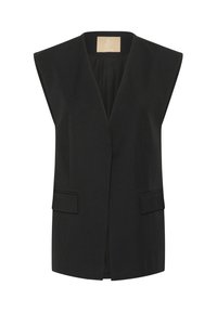 Black sleeveless vest with a V-neck design, featuring two front pockets, a straight cut, and a smooth texture.
