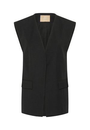 Black sleeveless vest with a V-neck design, featuring two front pockets, a straight cut, and a smooth texture.