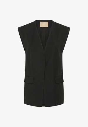 Gilet manica lunga nero con scollatura a V, dotato di due tasche frontali, taglio dritto e texture liscia.