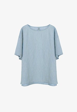 Lichtblauw-wit gestreept shirt met korte mouwen, een ronde hals en een losse pasvorm.