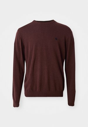 Bordeaux trui, lange mouwen, ronde hals, ribgebreide zoom en manchetten, gemaakt van textured breiwerk, met een klein logo op de bovenste linkerkant.