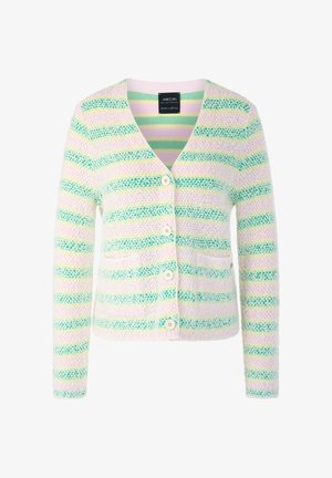 Women's knitted cardigan with pastel green, yellow, and pink horizontal stripes, V-neck, front pockets, and cream-colored buttons.