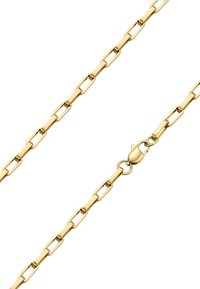 Zlatna ogrlica od lančića s izduženim pravokutnim karikama i kopčom na školjku. Glatka tekstura s poliranim finišem.
