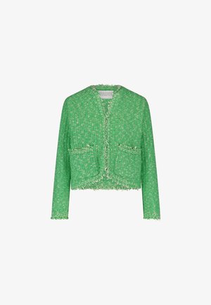 Groene cropped jas van gestructureerde stof met rafelige randen, twee voorkruiszakken en een v-halslijn. Lange mouwen met een losse pasvorm.