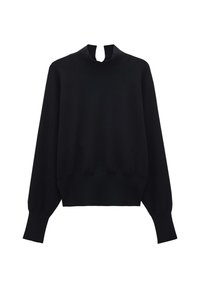 Schwarzer Pullover mit hohem Kragen und Schlitzdetail, langärmlig, mit gerippten Bündchen und strukturierter Passform. Weiche Stricktextur.