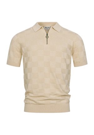 Beige kurzärmeliges Poloshirt mit dezentem Karomuster, geripptem Saum und Bündchen sowie einem Frontreißverschluss mit rundem Zippergriff.