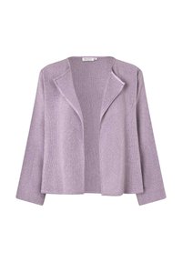 Lilafärgad cardigan gjord av texturerat tyg, med klassisk krage och öppen framtill design, långa ärmar och en avslappnad passform.