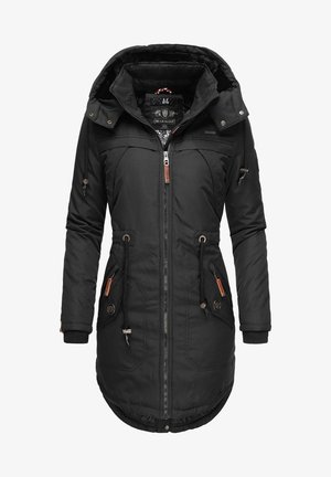 Parka noire avec capuche, fermeture éclair avant, cordons de serrage à la taille et accents marron contrastants sur les poches et les zips.