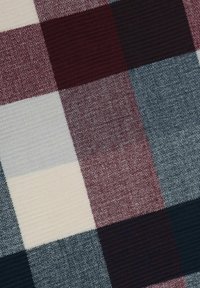 Multi-colored fabric featuring a check pattern in burgundy, cream, navy, gray, and black. Textured surface with varied fabric finishes.