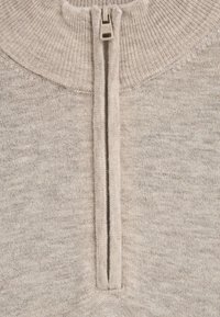 Hellgrauer Strickpullover mit hohem Kragen und einem Reißverschluss vorne. Verfügt über eine gerippte Textur am Kragen und einen glatten Körper. Logo am Reißverschluss.