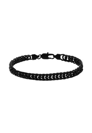 Zwart metalen schakelarmband met een plat curb schakelontwerp en een karabijnsluiting, getoond op een effen witte achtergrond.