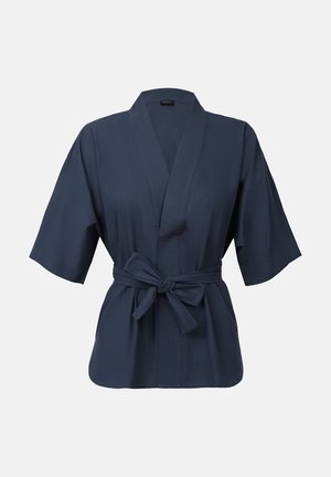 Navy blue kimono-style top made of smooth fabric, featuring a v-neck, short sleeves, and a tied waist for adjustable fit.