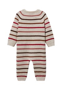 Combinaison en tricot crème avec des rayures horizontales rouges, roses, brunes et marron foncé. Caractéristiques : manches longues et poignets côtelés.