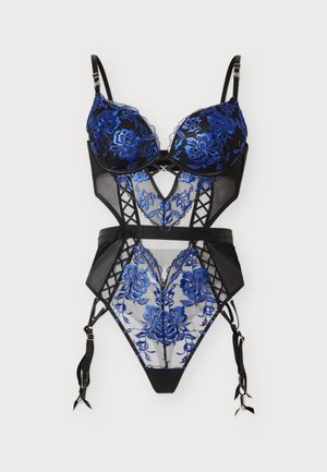 Body negro transparente con bordado floral azul, copas de sujetador estructuradas, detalles cruzados en los laterales y tirantes de liguero ajustables.