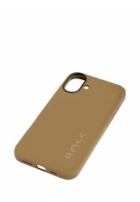 Bruine silicone telefoonhoes met een gladde textuur, uitsparingen voor camera, microfoon en speaker, met het woord "BOSS" in reliëf aan de zijkant.