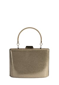 Metalen gouden handtas met een gestructureerde rechthoekige vorm, een gestructureerd oppervlak en een slanke, gebogen handgreep. Voorzien van een sluiting met gesp.