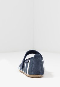 Siniset raidalliset lasten kengät, joissa on pehmeä nupukkinahkainen päällinen, säädettävä hihna ja kumipohja. Ominaisuuksiin kuuluu valkoisia raitoja ja pehmustettu kantapää.