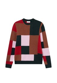 Gebreide trui met een ronde hals, voorzien van een patchworkontwerp in donkergroen, bruin, rood, roze en crèmekleuren. Zachte textuur en geribbelde manchetten.