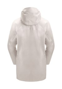 Lichtgrijze hooded regenjas gezien vanaf de achterkant met lange mouwen en een rechte zoom op een witte achtergrond.