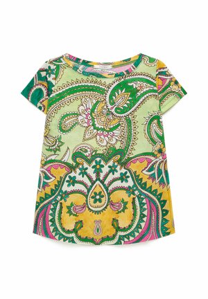 Kurzärmeliges Hemd mit leuchtend grünen, gelben und pinken Paisley- und Blumenmustern auf hellgrünem Hintergrund.