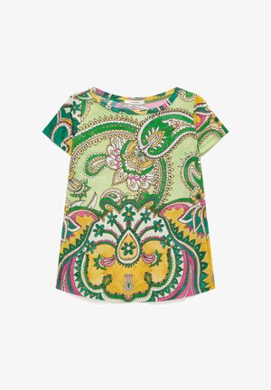 Chemise à manches courtes avec des motifs cachemire et floraux lumineux en vert, jaune et rose sur un fond vert clair.