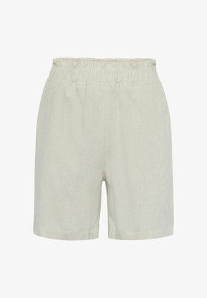 Kermanväriset pellavashortsit elastisella vyötäröllä, joissa on sileä pinta ja rento istuvuus, leikattu juuri polven ylle.