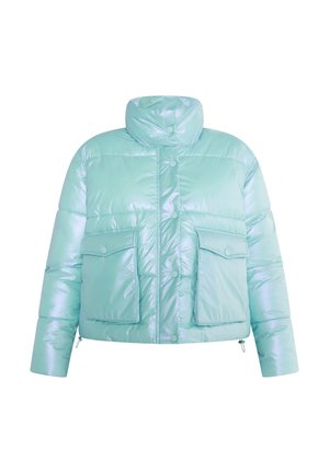 Tamprus pūkų striukė blizgaus žaliai mėtos atspalvio, su aukštu kaklu, dviem priekinėmis kišenėmis ir mygtukų uždarymu. Trumpas, apkarpytas dizainas.