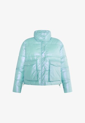 gepolsterte Jacke in glänzendem Mintgrün, mit hohem Kragen, zwei Fronttaschen und Knopfverschluss. Kurzes, cropped Design.