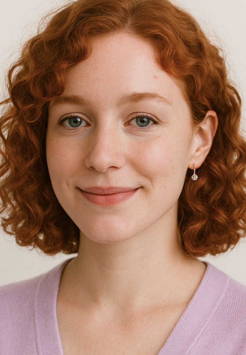 Lockigt rött hår, ljus hy, bär en lavendelfärgad tröja. Enkla silverörhängen med cirkulär design, neutral bakgrund.
