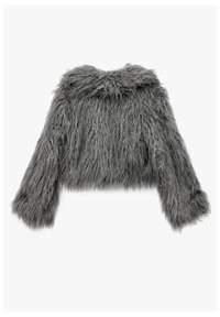 Grå falsk pels cropped jakke med lange ærmer, tekstureret overflade og rund halsudskæring. Blød, fluffy udseende uden synlige lukninger.
