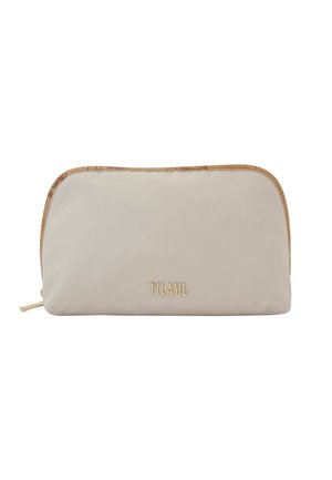 Pochette rettangolare beige con cerniera, bordo superiore marrone e piccolo logo dorato "T CLASSE" al centro davanti.