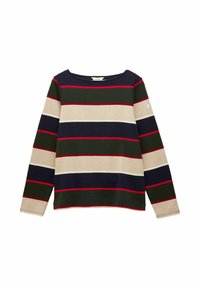 Langärmliger Boot-Ausschnitt-Pullover mit horizontalen Streifen in Marineblau, Beige, Dunkelgrün und dünnen roten Akzenten, vor einem weißen Hintergrund präsentiert.