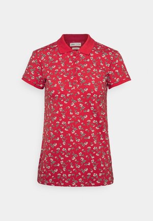 Rotes Polohemd aus Baumwolle mit kurzen Ärmeln, Kragen und einem floralen Muster aus pinken Blumen und grünen Blättern.