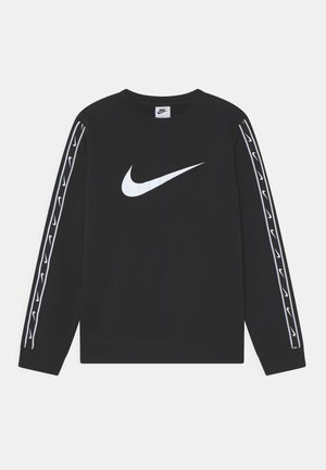 Black long-sleeve Nike sweatshirt with large white swoosh logo on front and multiple small swoosh logos down both sleeves.