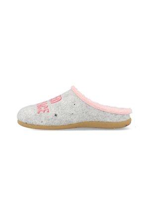 Zapatillas de casa grises con ribete de piel sintética rosa, diseño fácil de poner y texto impreso. Presenta una suela texturizada de color marrón claro para una mejor sujeción.