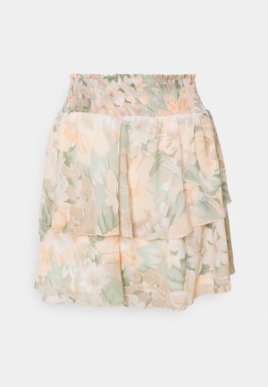 Jupes mini à imprimé floral avec une taille élastiquée, des volants superposés et une palette de couleurs pastel de vert, pêche et crème.