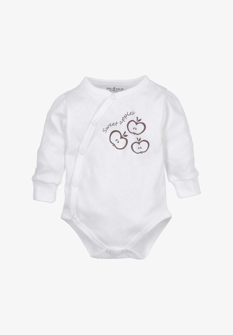 White long-sleeve onesie with snap closures, featuring a brown graphic of three apples and the text "sweet apples." Soft cotton material.