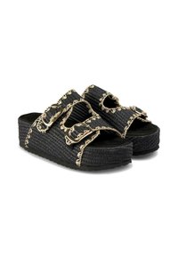 Sandales noires tressées à enfiler avec deux boucles réglables, présentant un design texturé, des coutures beige contrastantes et une épaisse semelle noire.