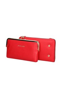 Portafoglio in pelle rossa con finitura testurizzata, dotato di una chiusura in tono dorato e di un compartimento con zip. Due punti di attacco visibili sul retro.