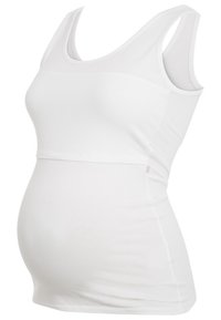 Valkoinen pitkähihoinen raskaus-tanktoppi, jossa on sisäänrakennettu imetysrintaliivi, suunniteltu mukavuutta ja tukea varten raskauden ja imetyksen aikana.