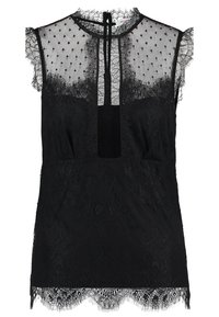Schwarzes Spitzentop mit durchsichtigen gepunkteten Details, einem Schlüsselloch-Ausschnitt und gewelltem Saum. Kurzärmel mit aufwendiger Spitzenborte.
