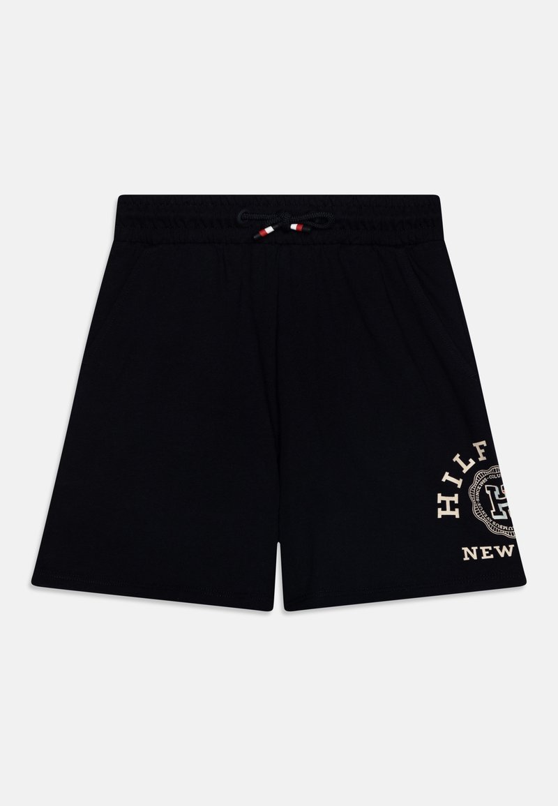 Zwarte shorts van zacht stof met een elastische tailleband en een trekkoord, en een logo-print in beige aan de linkerkant.