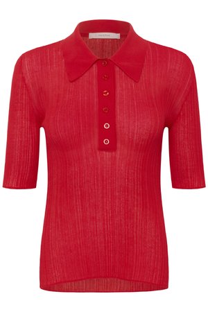 Κόκκινη κοντομάνικη ριμπ πλεκτή πόλο μπλούζα με μυτερό γιακά και πέντε μικρά κουμπιά στην εμπρόσθια ταινία.